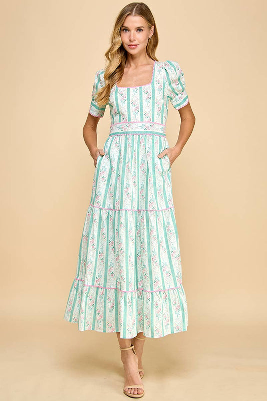 Pastel Floral Stripe Puff Sleeve Midi Dress