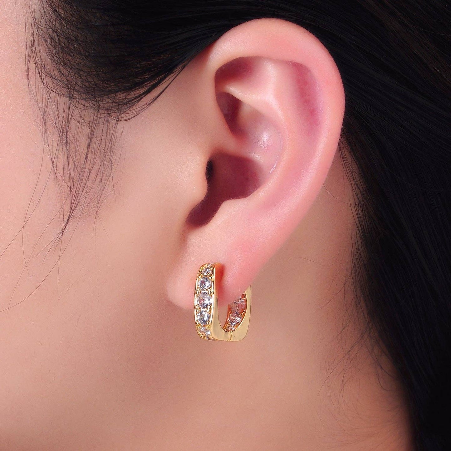 24K Gold Filled 16mm CZ Lined Square Huggie Earrings