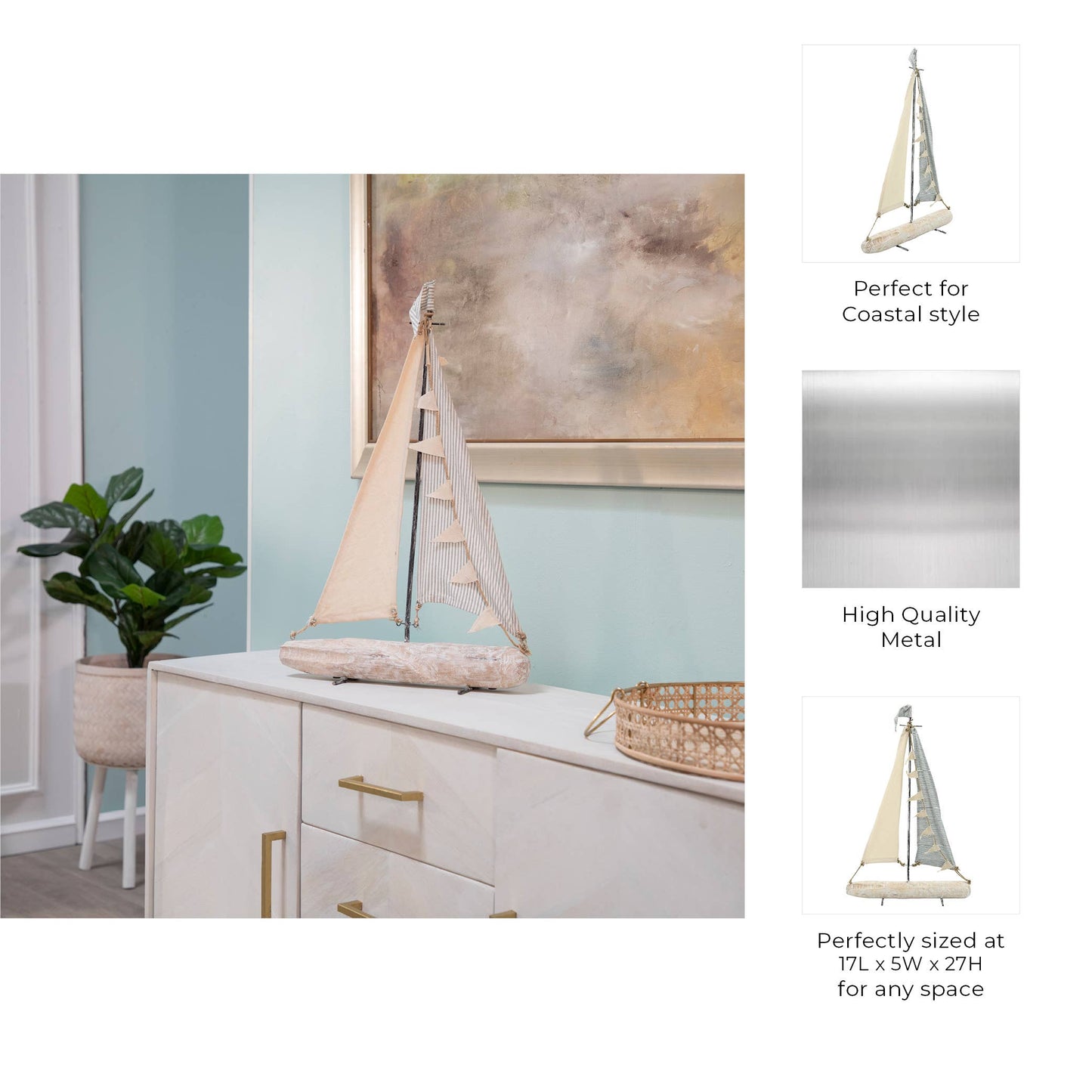 Object - Ivory/Blue Metal Sailboat with Fabric Sails, 27 in.