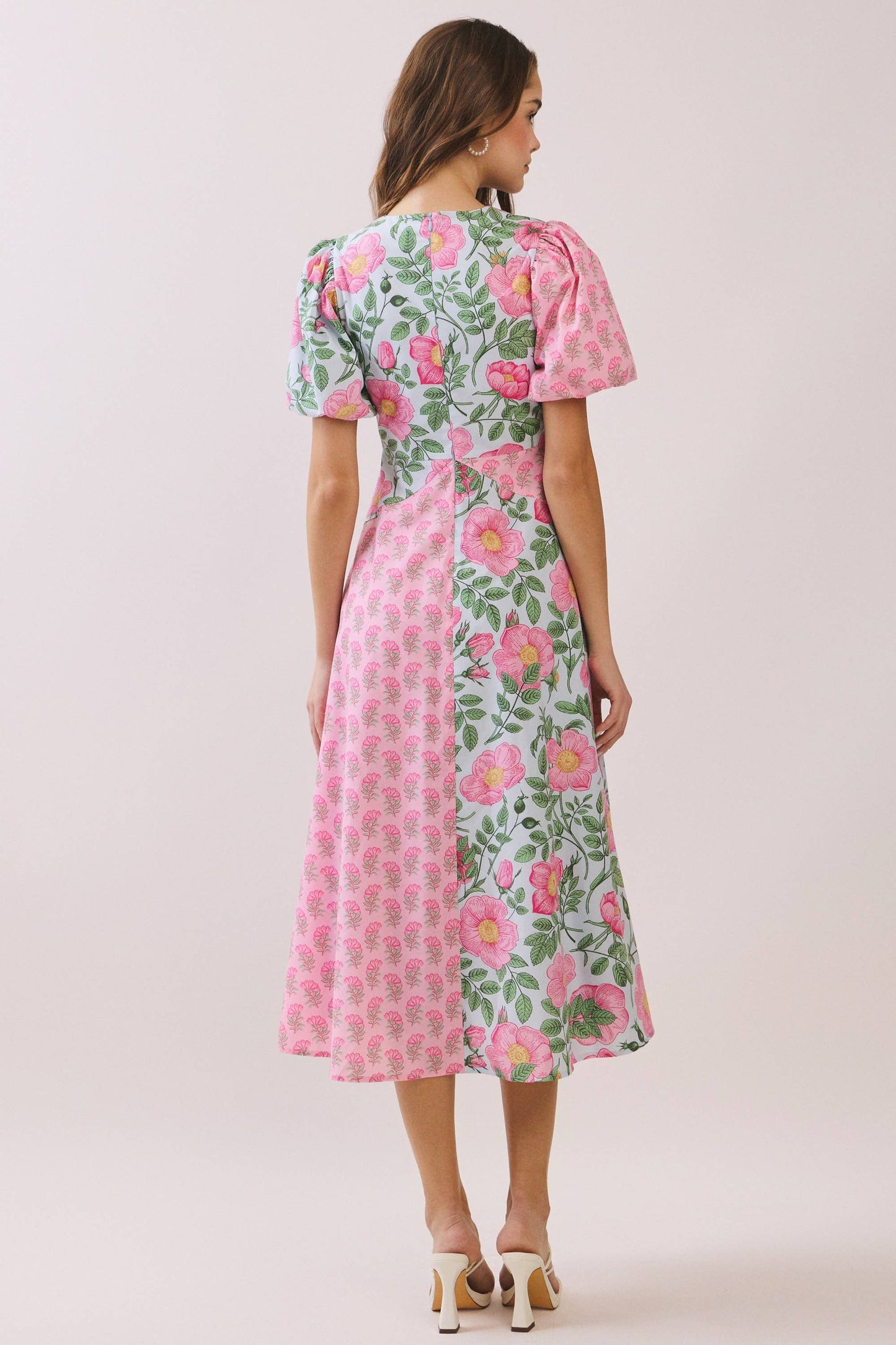 LAST CHANCE - Bold Mixed Floral Pattern Design Midi Dress - Pink