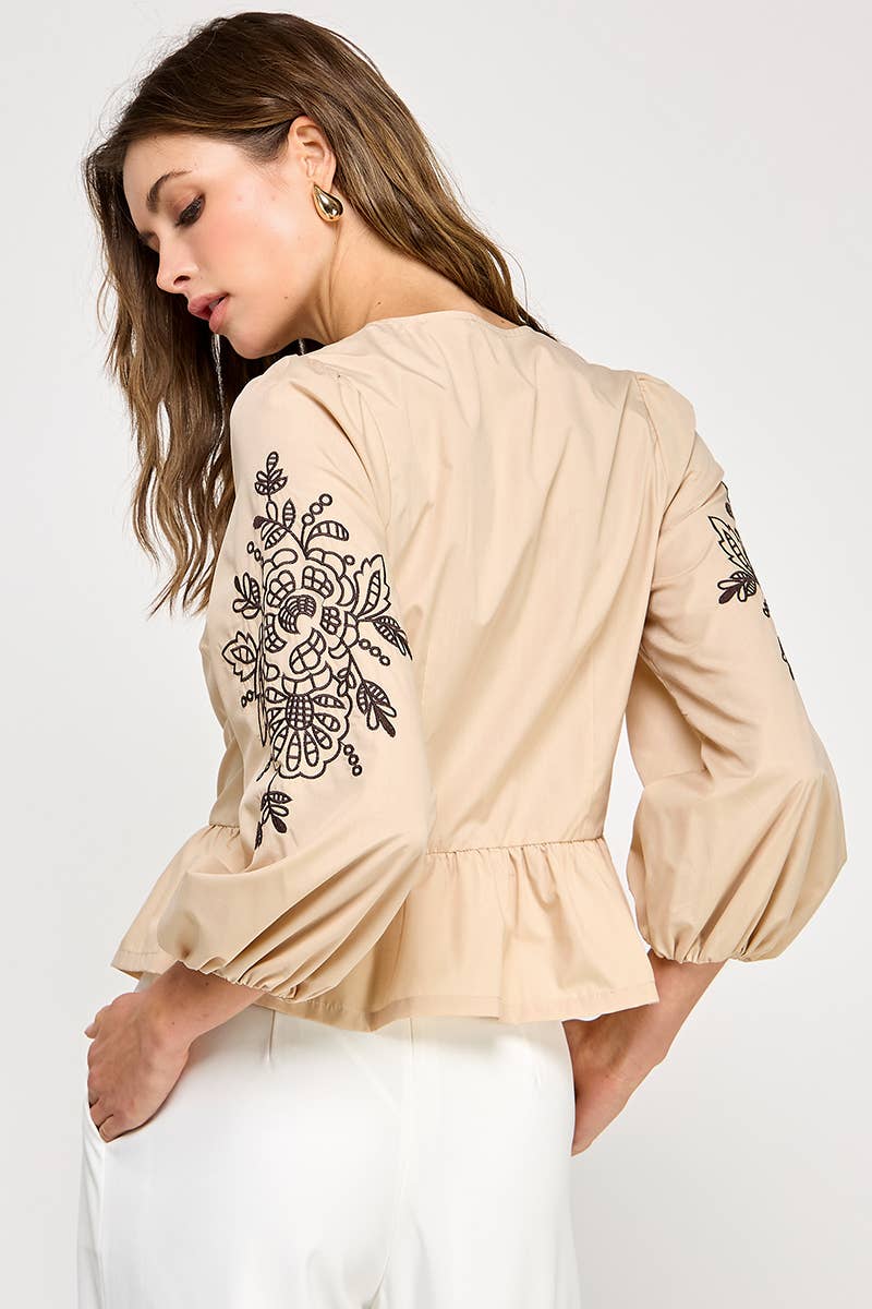 Black 3/4 Sleeve Embroidered Top
