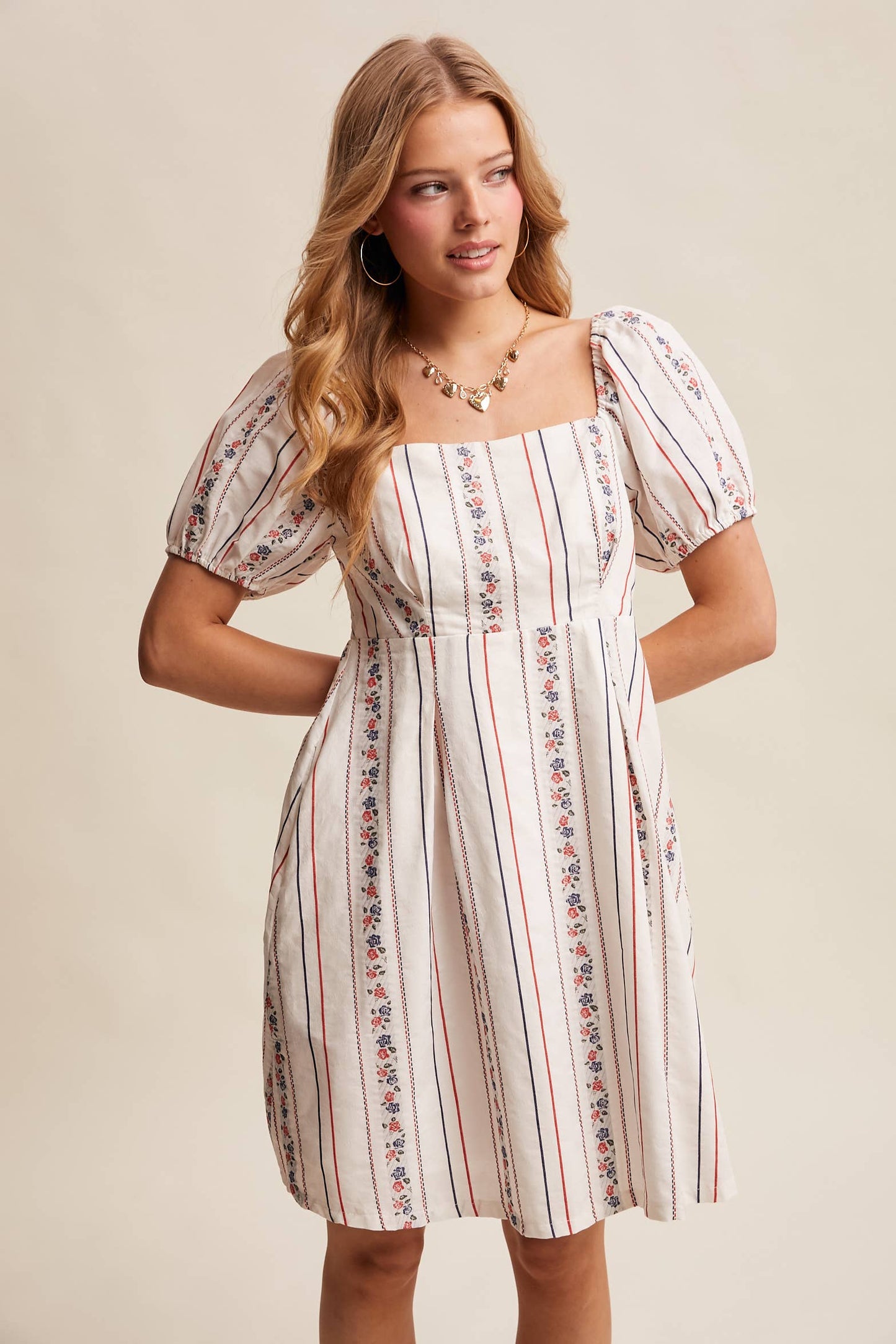 Floral Stripe Puff Sleeve Dress