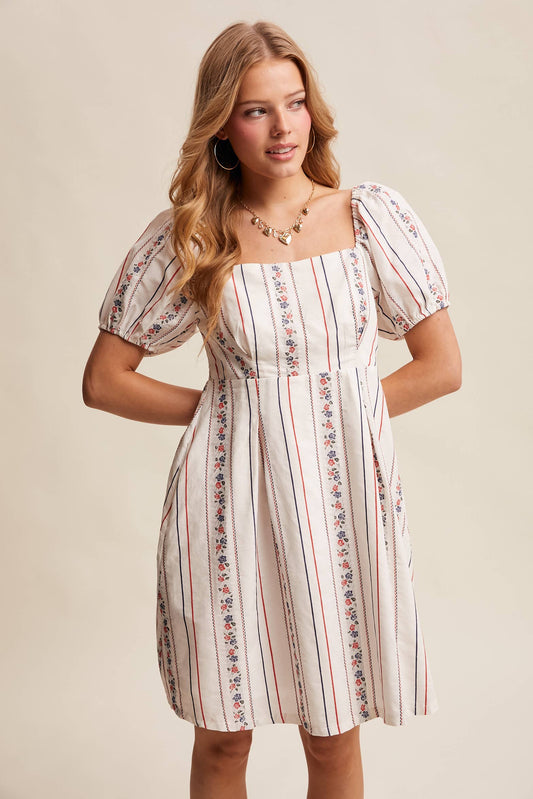 Floral Stripe Puff Sleeve Dress