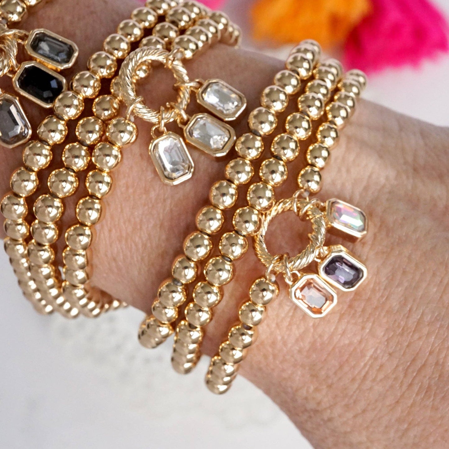 Golden Bead Stretch Bracelet Stack with Baguette Crystals - Set of 3
