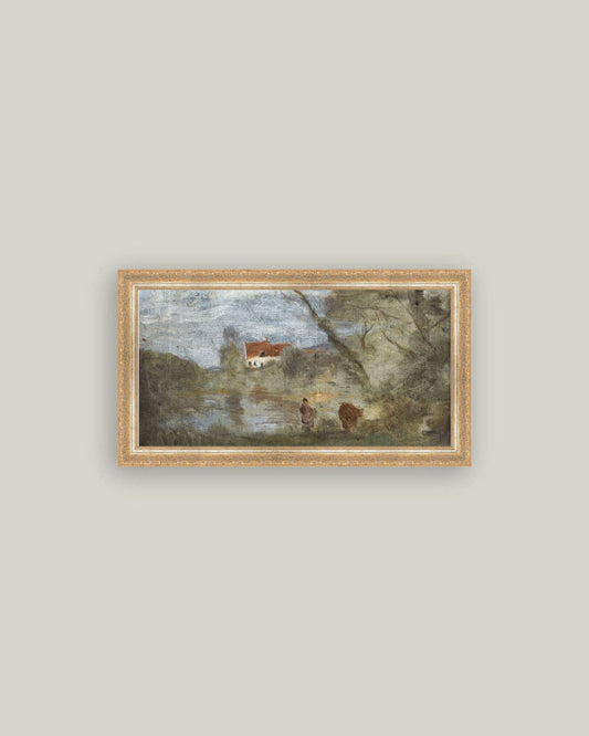 Cowherd by the Pond Framed Antique Art