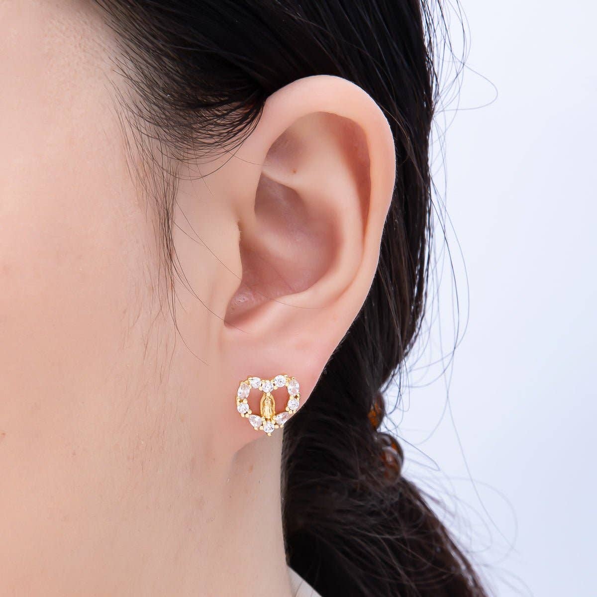 Paved CZ Open Heart Religious Stud Earrings