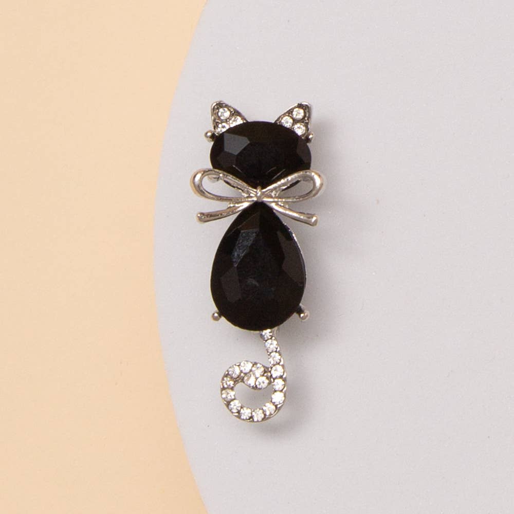 Cat Brooch Pin with Faceted Crystals and Bow Detail