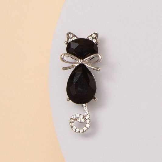 Cat Brooch Pin with Faceted Crystals and Bow Detail