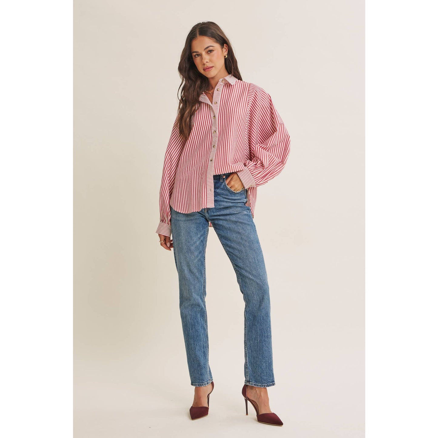 FRENCH CAFE EFFORTLESS DRAPE BATWING BUTTON-DOWN SHIRT