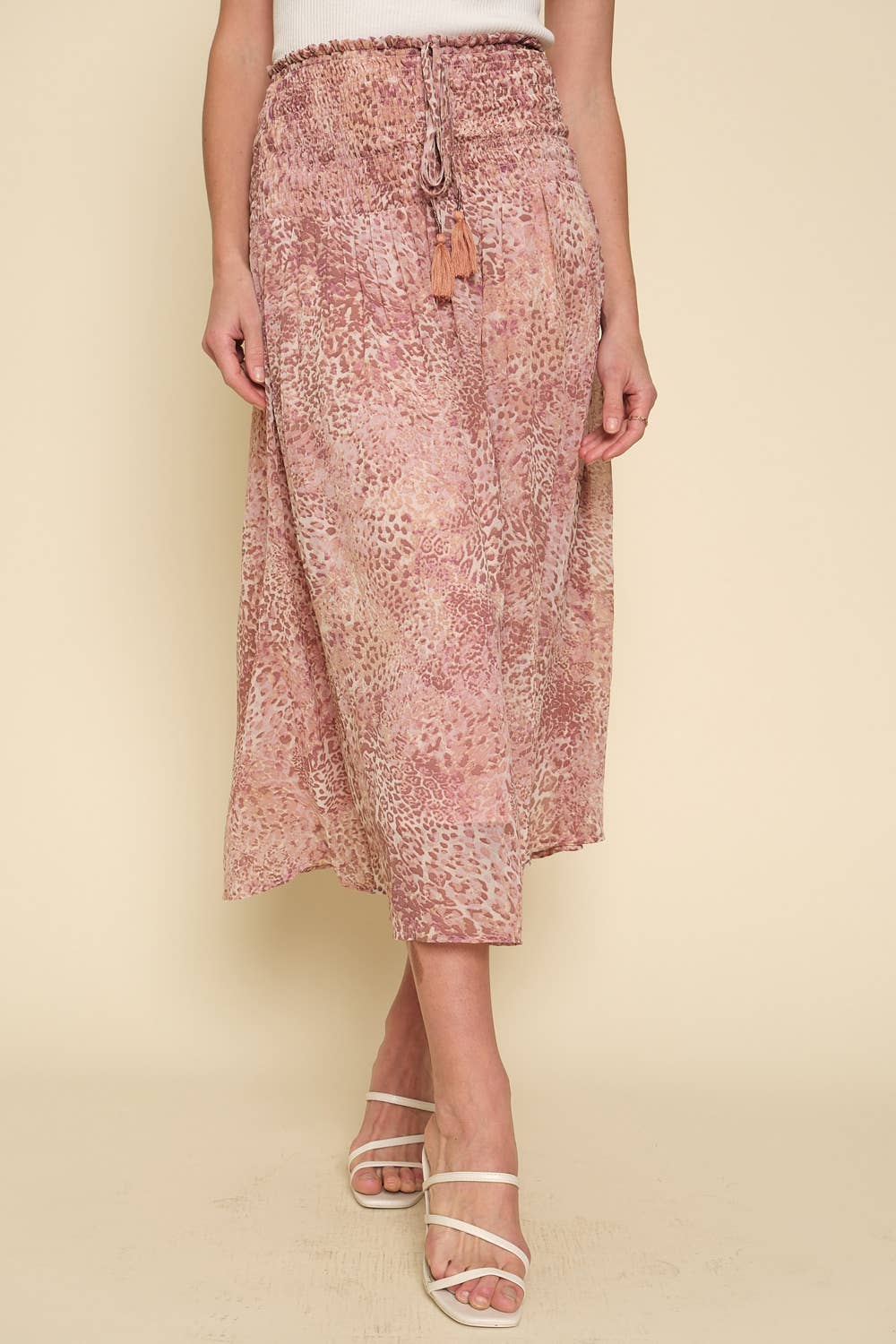 Smocked Waist Animal Print Convertible Midi Skirt - Blush