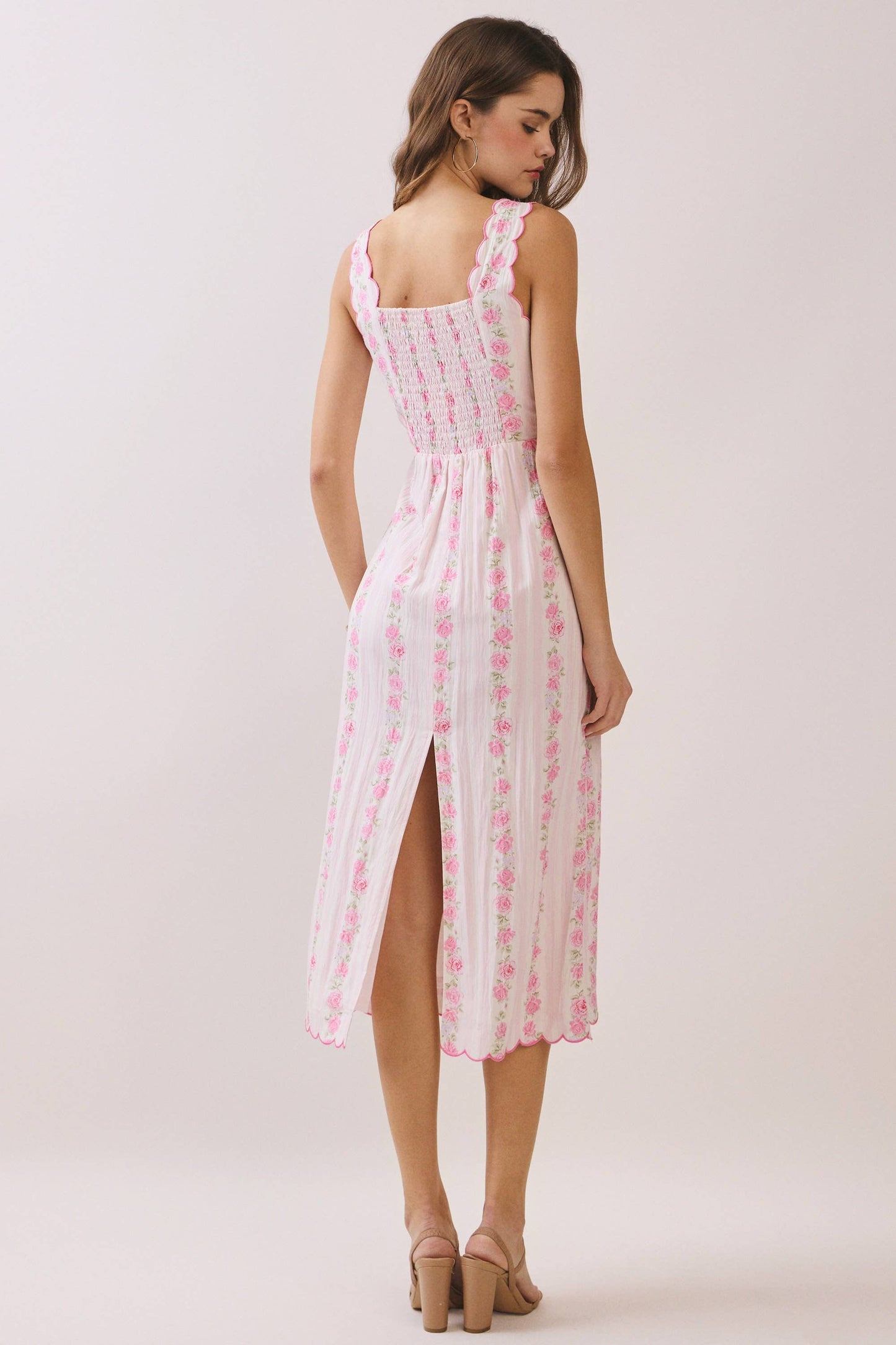 Pink Floral Stripe Scalloped Midi Dress