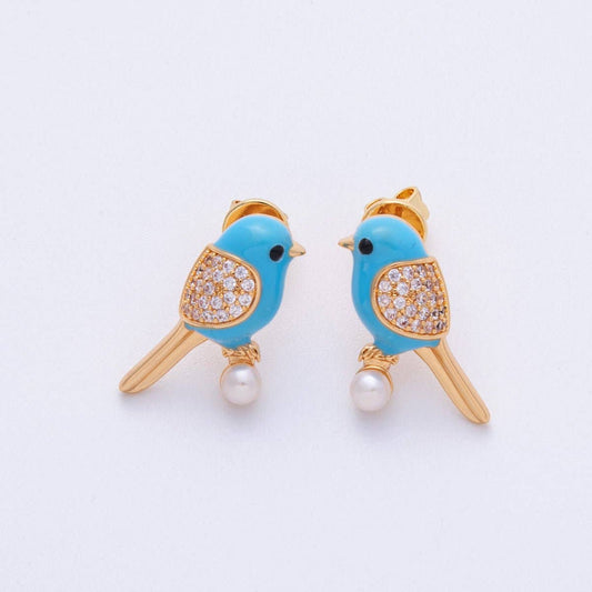 Blue Enamel Micro Paved CZ Parrot Bird Stud Earrings