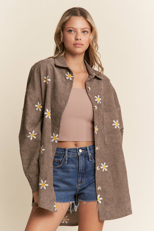 Floral Embroidered Button Down Shacket S-L