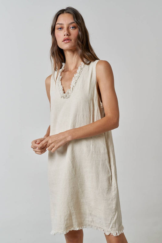 ILD3487 LINEN FRAYED V-NECK SLEEVELESS MINI DRESS