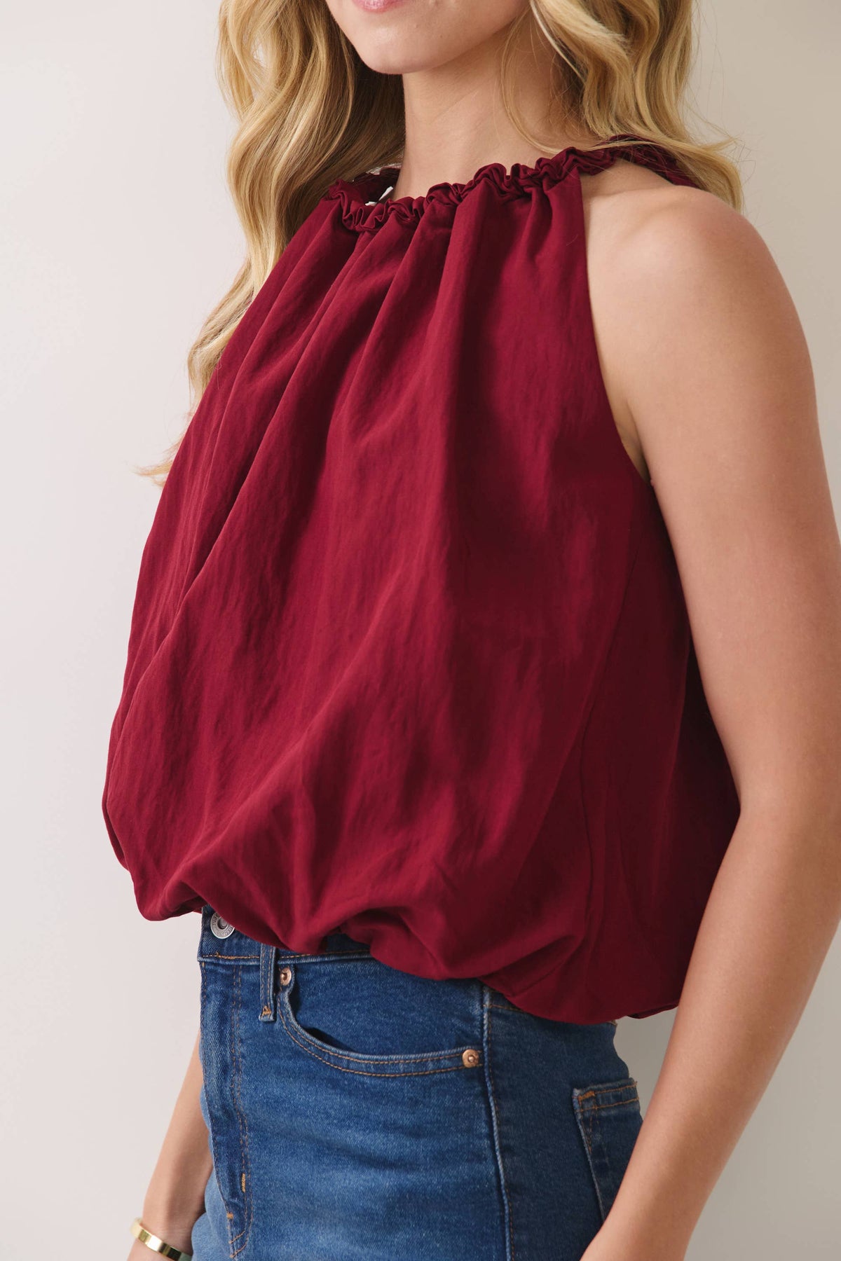 Gathered Neckline With Tie Halter Style Top