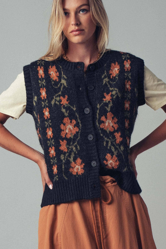 Floral Knit Button-Up Sweater Vest