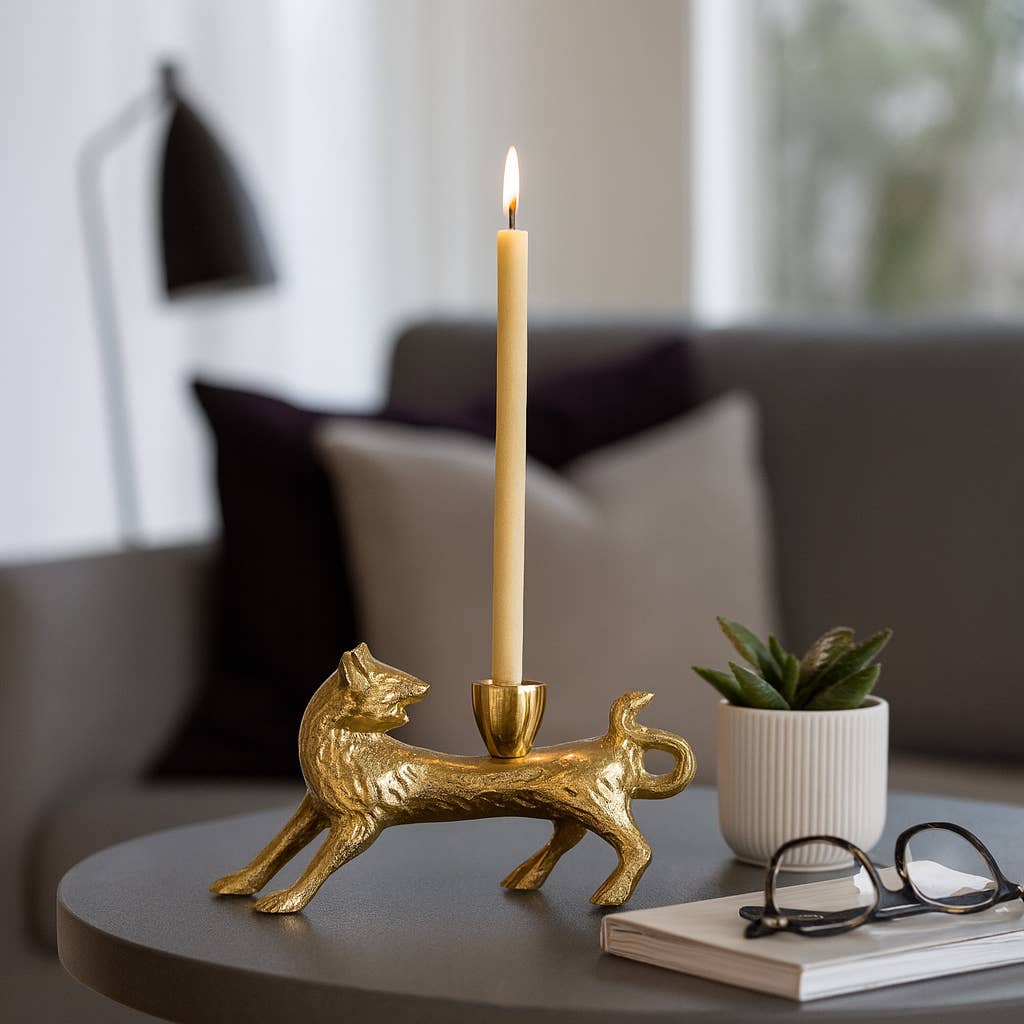 Candle Holder - Gold Metal Modern Sleek Fox Taper, 8 in.