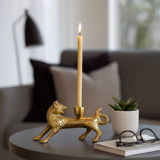 Candle Holder - Gold Metal Modern Sleek Fox Taper, 8 in.
