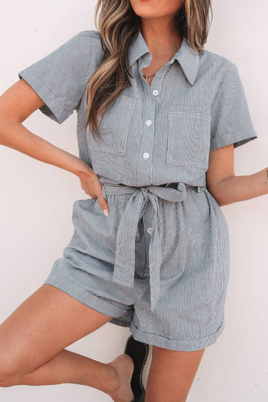 Striped Buttoned Waist Belted Callared Romper | S-XL