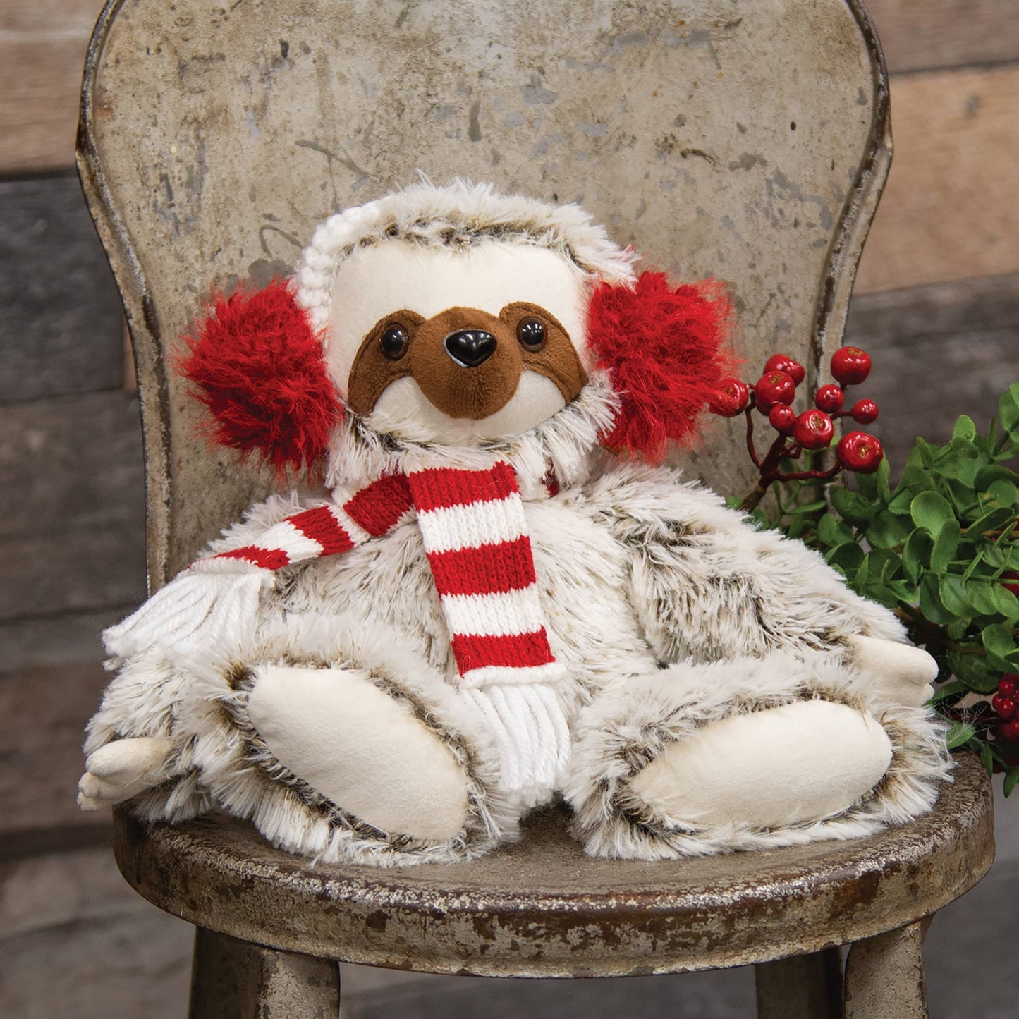 Fuzzy Brown Sitting Sloth w/ Striped Scarf