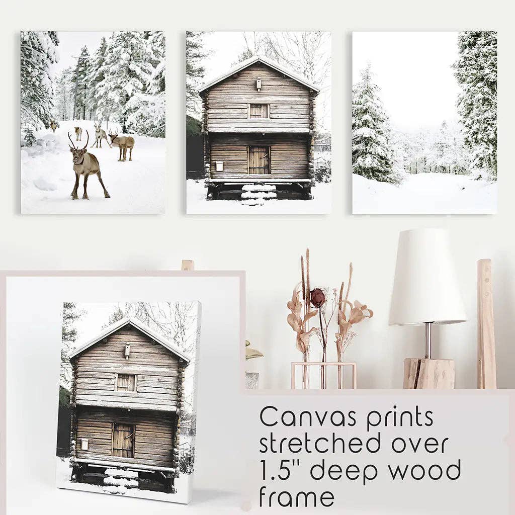 Winter Landscape Wall Art Print. Deer, Log Cabin, Forest