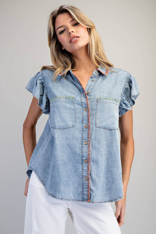 SNOW WASHED WHIPSTITCH FLUTTER SLEEVE BLOUSE