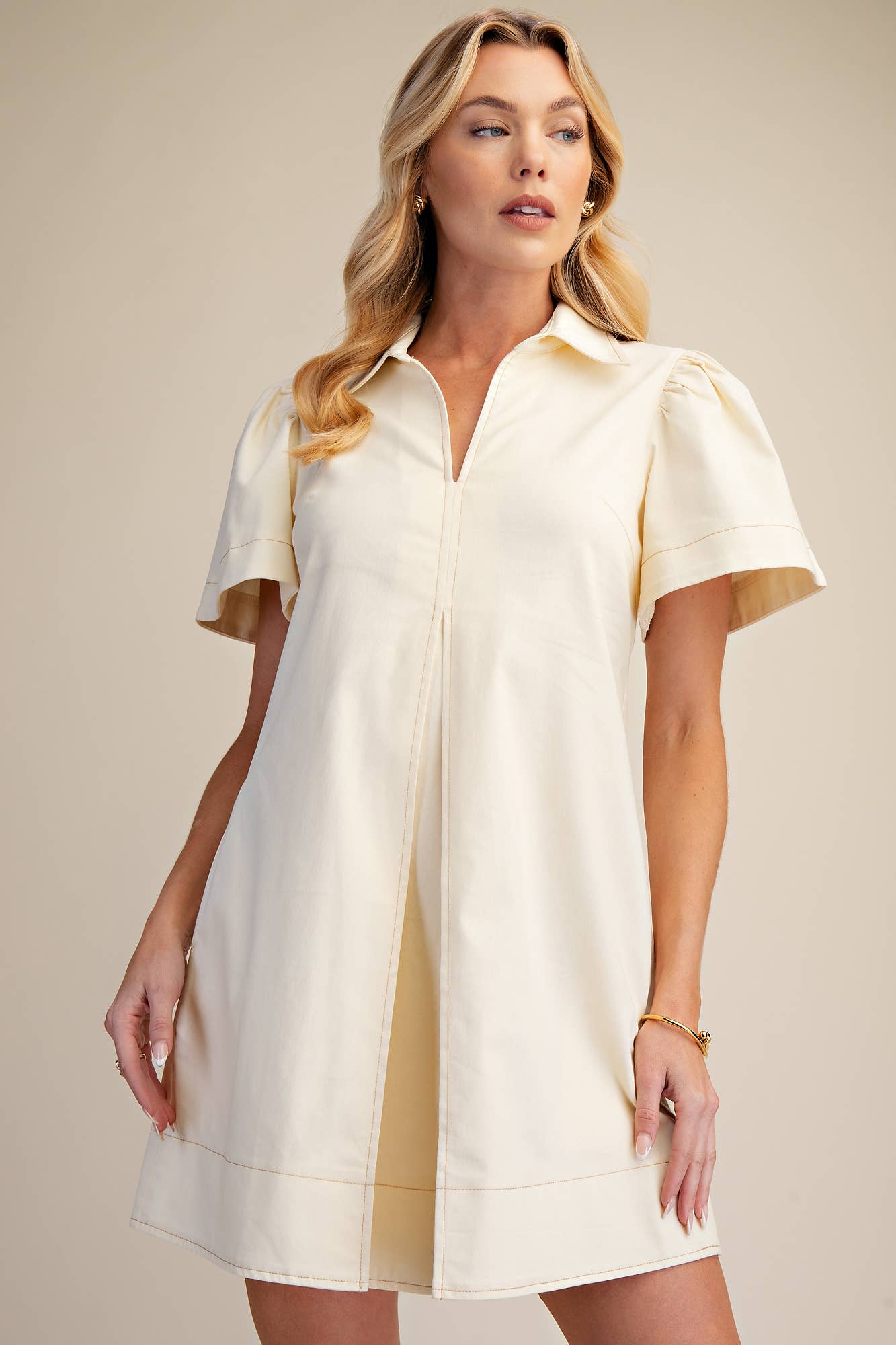 LAST CHANCE - Collared V-Neck Pleated Mini Dress