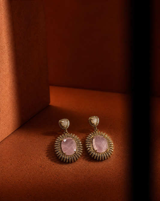 Gold Rose Quartz Statement Earrings | Handmade Natural Stone