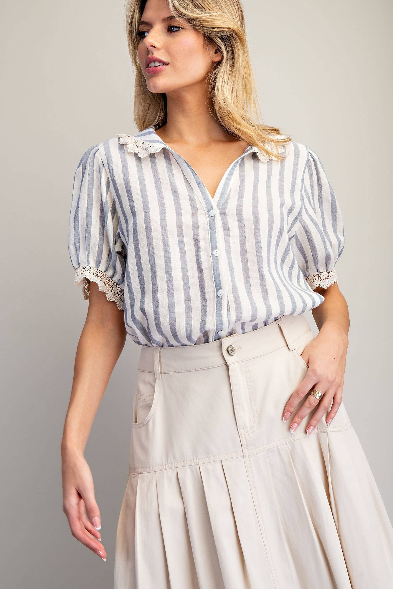 LACE TRIMMED STRIPED BUTTON DOWN SHIRT