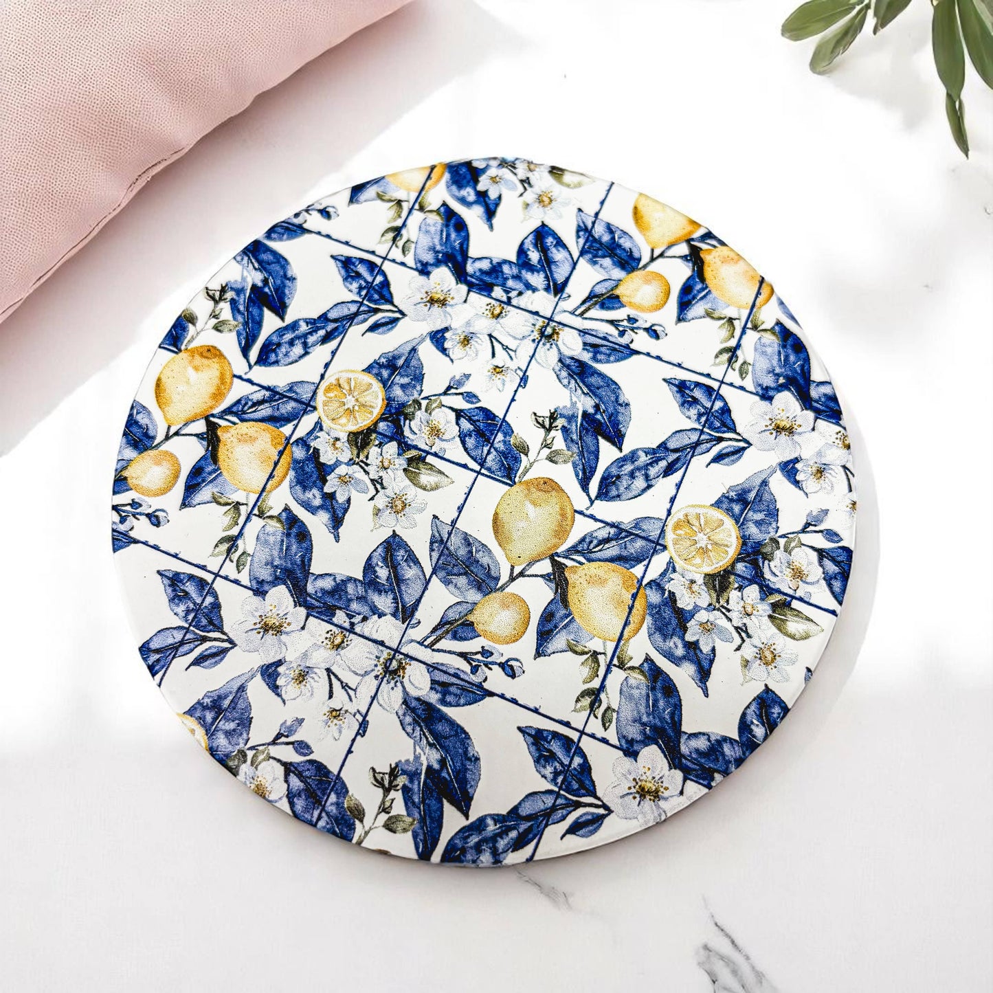 Mediterranean Lemon Coasters | Coastal Blue & Yellow Accents