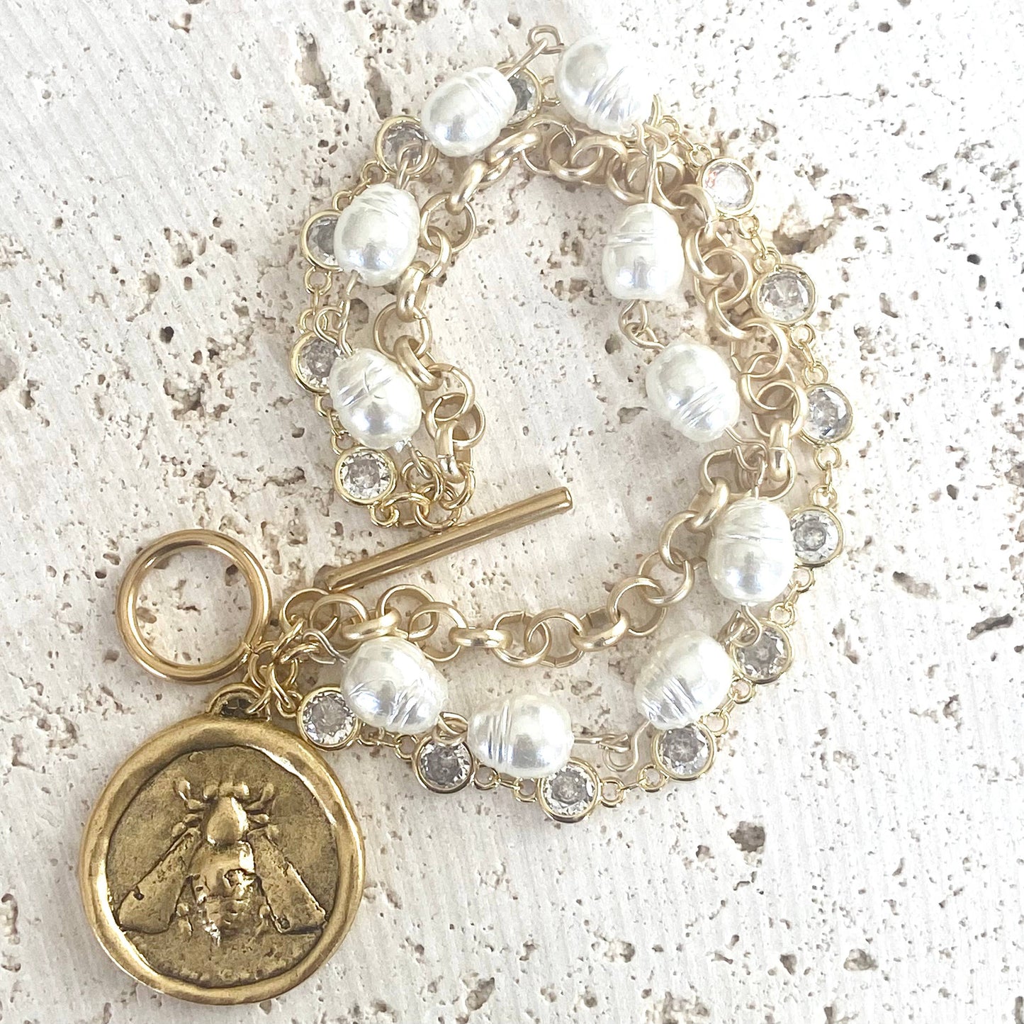 Bee and Crown Coin Triple Layer Bracelet - Gold