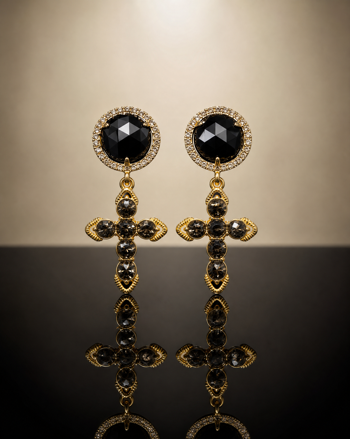 Croix Noir Earrings — Black Agate and Smoky Zirconia