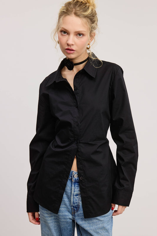 Fitted Collared Shirt Blouse with Back Self-Tie - Black