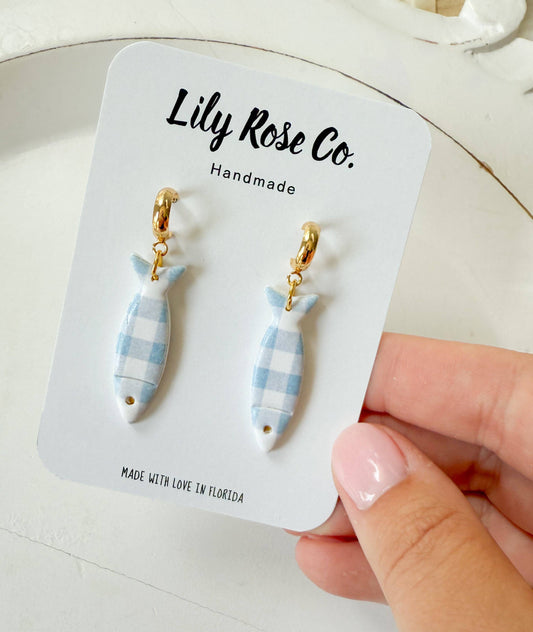 Blue Gingham Fish Earrings