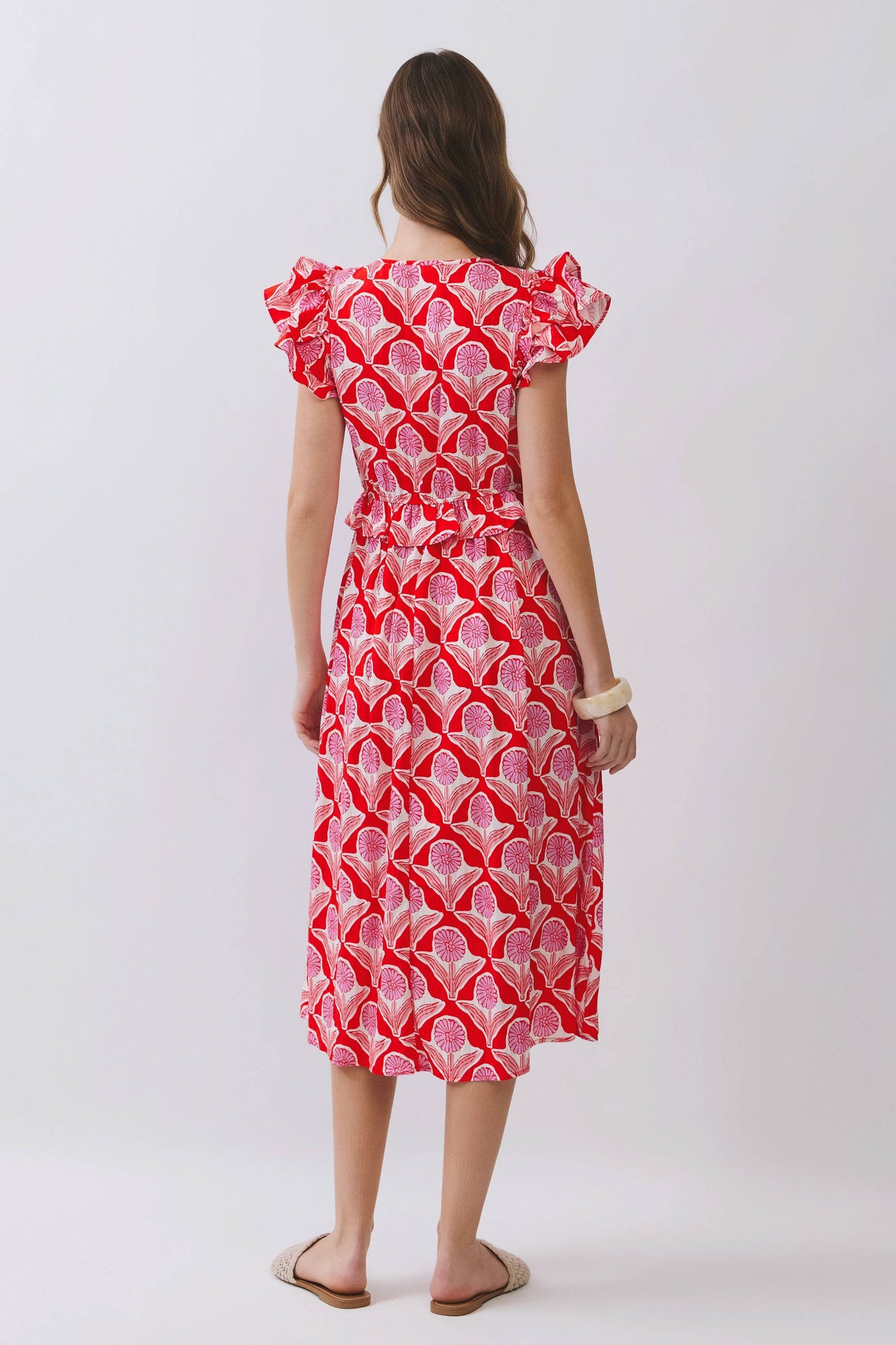 Red Floral Ruffle Sleeves Midi Dress