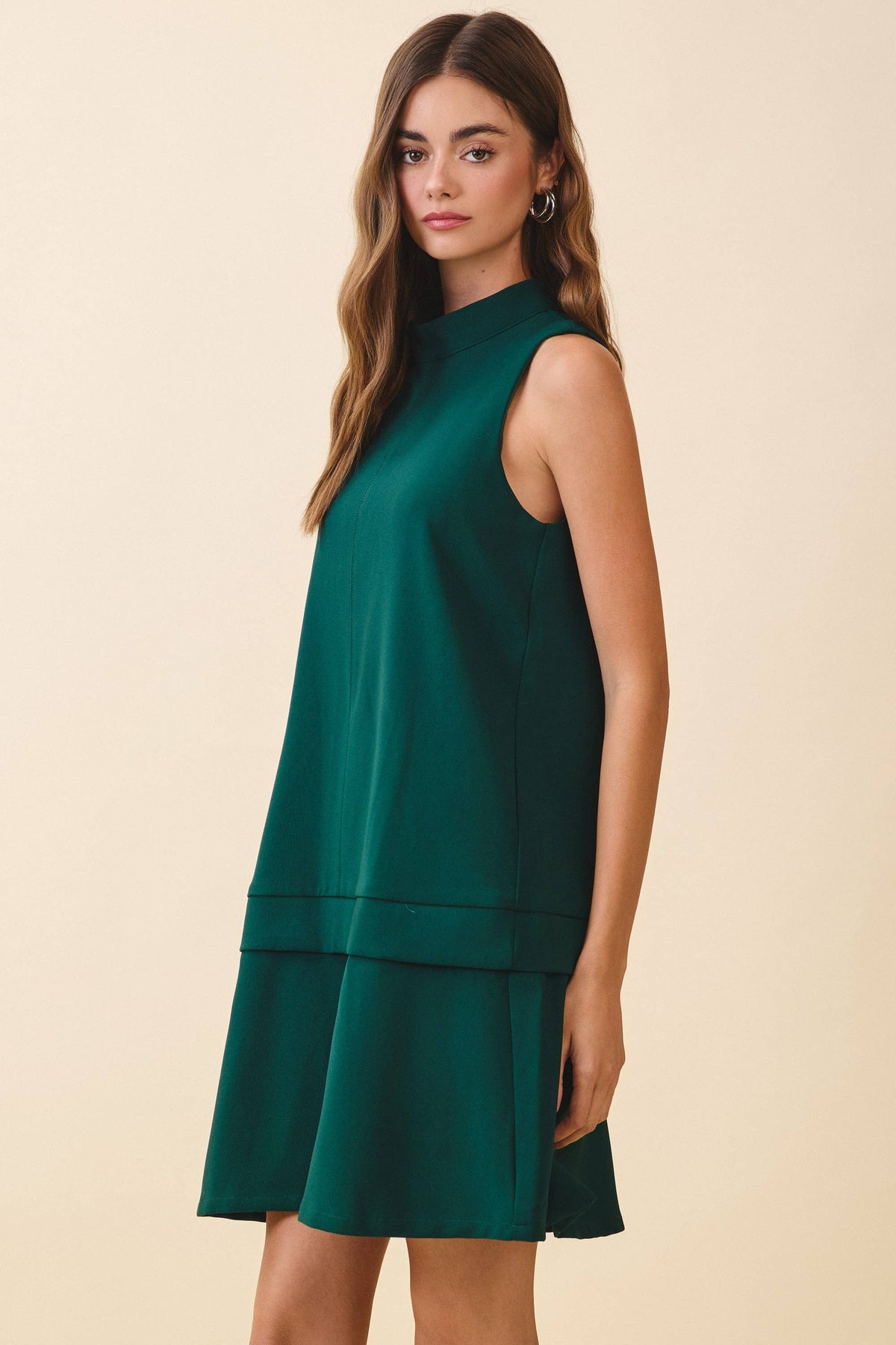 Sleeveless Mock Neck Layered Hem Shift Dress