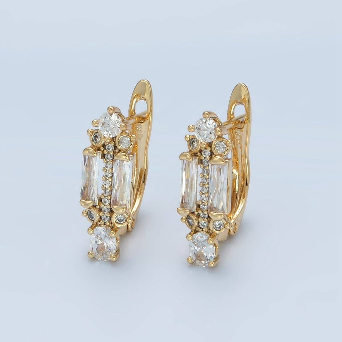 14K Gold Filled CZ Micro Paved Baguette English Lock Earrings