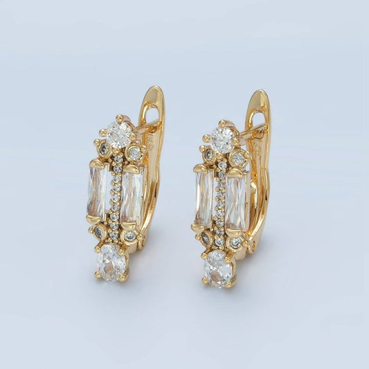 14K Gold Filled CZ Micro Paved Baguette English Lock Earrings