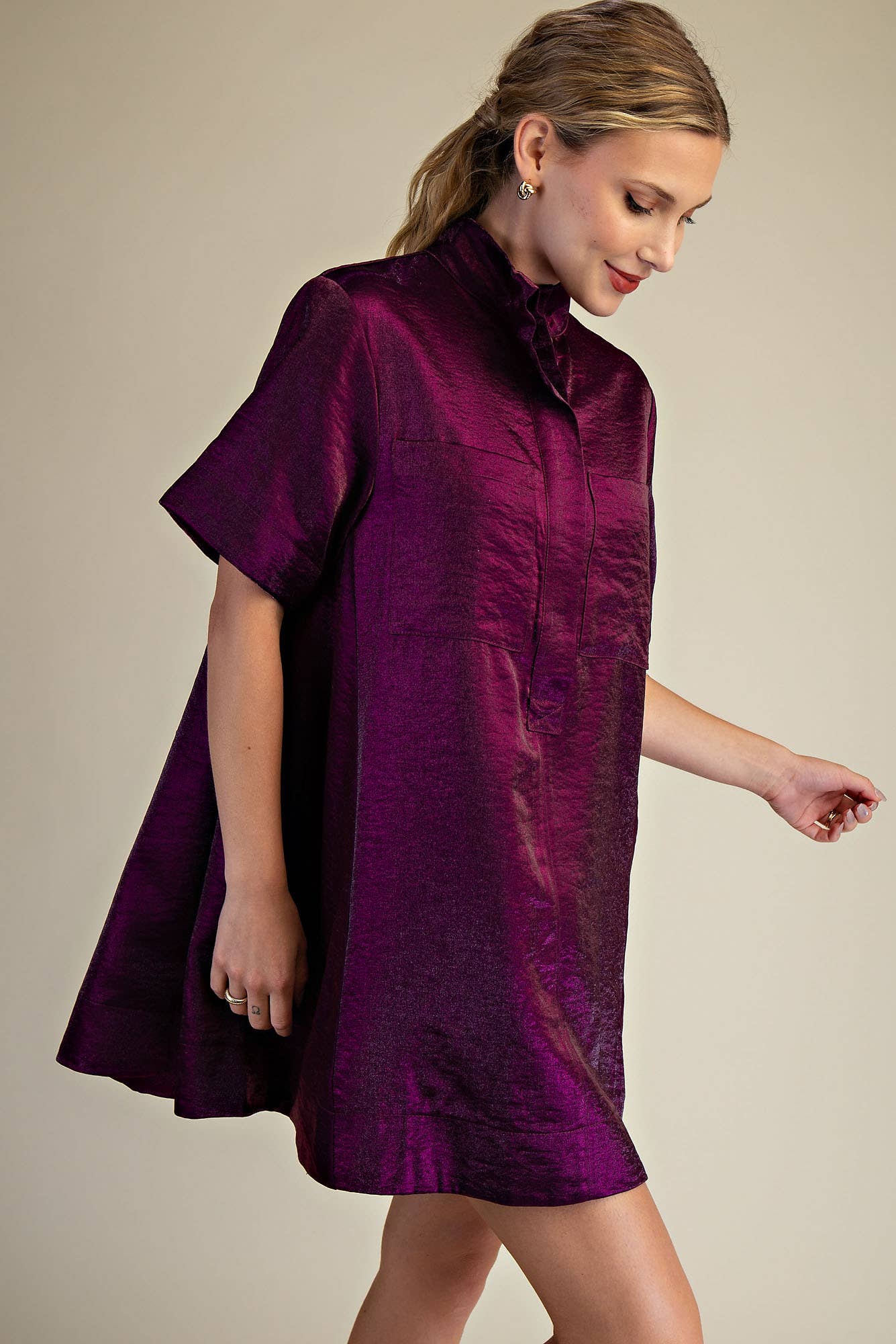 Button Front Short-Sleeve Mini Dress