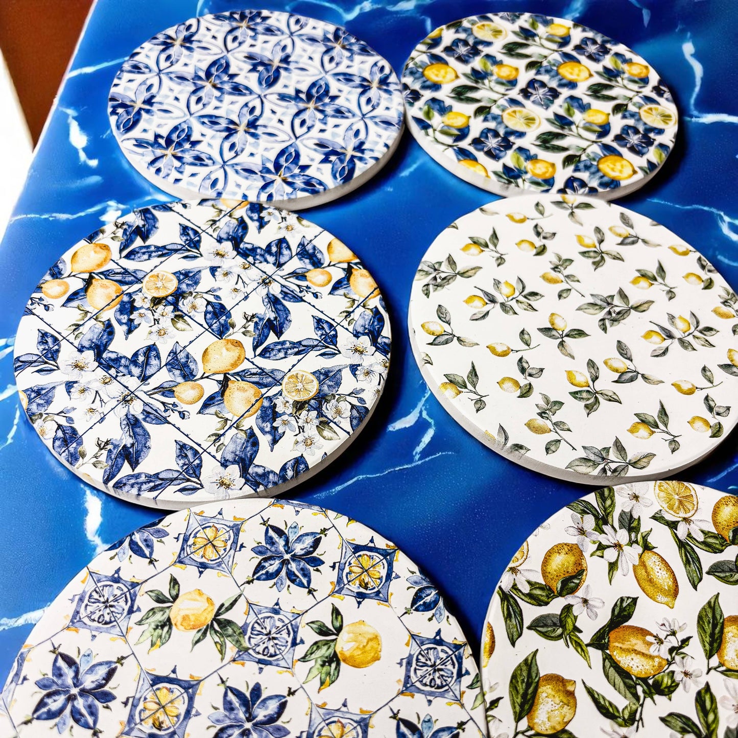 Mediterranean Lemon Coasters | Coastal Blue & Yellow Accents