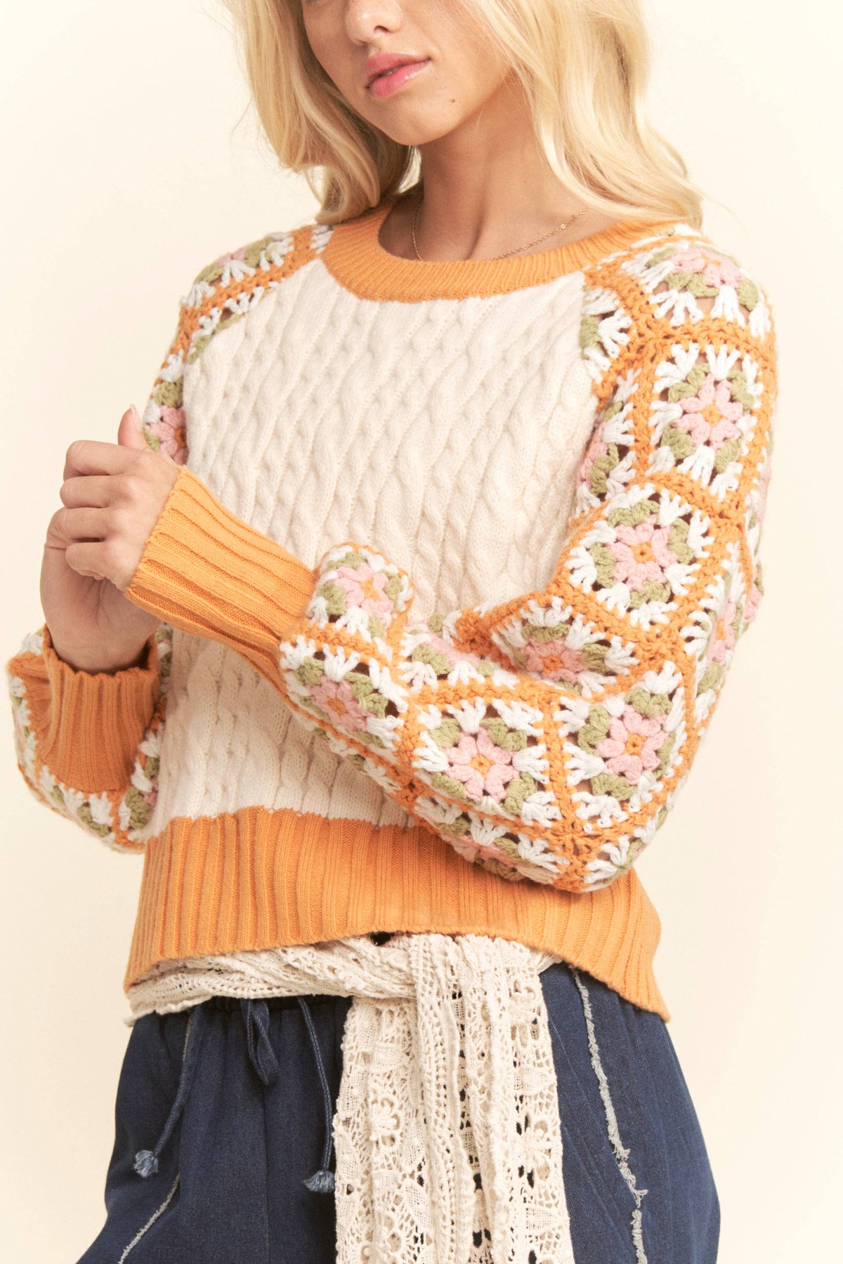 Cable Knit Sweater With Crochet Floral Sleeves
