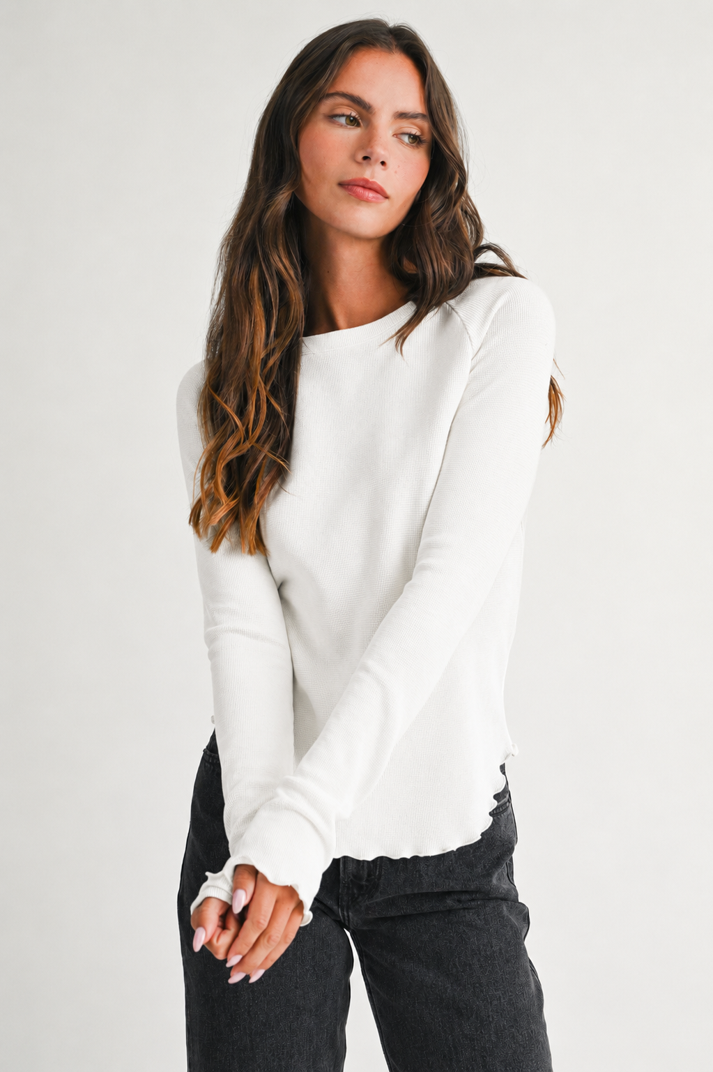 Thermal Knit Lettuce Edge Long Sleeve Top
