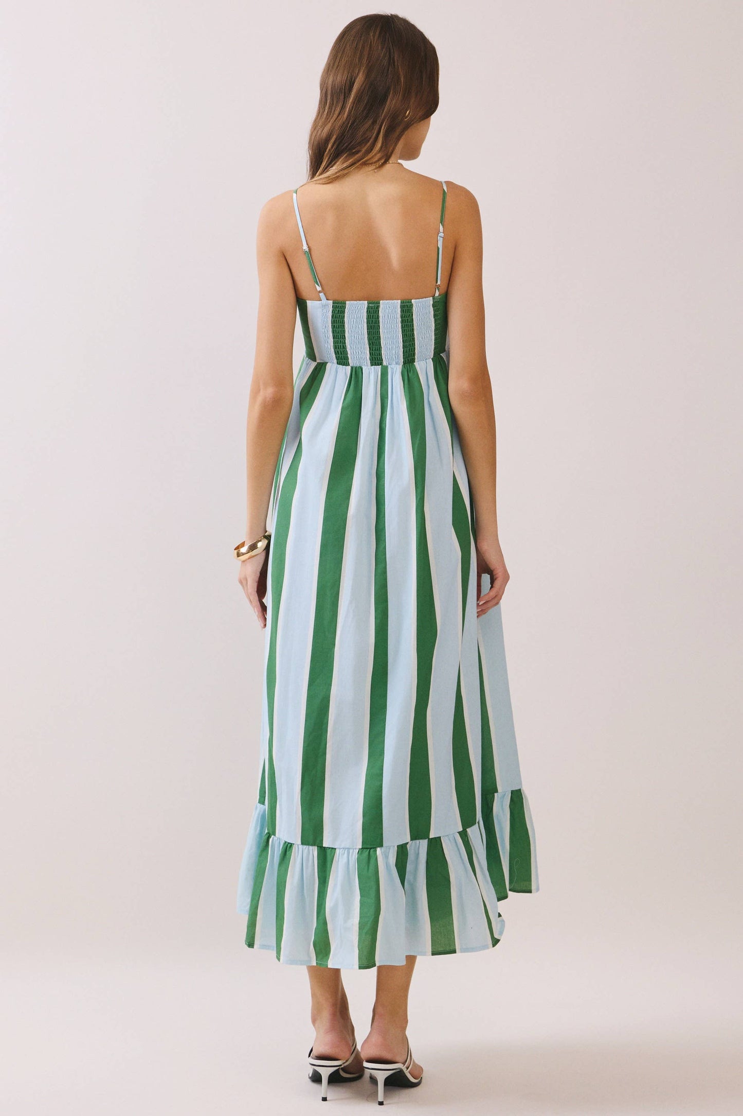 Green Stripe Smocked Maxi Dress with Pockets