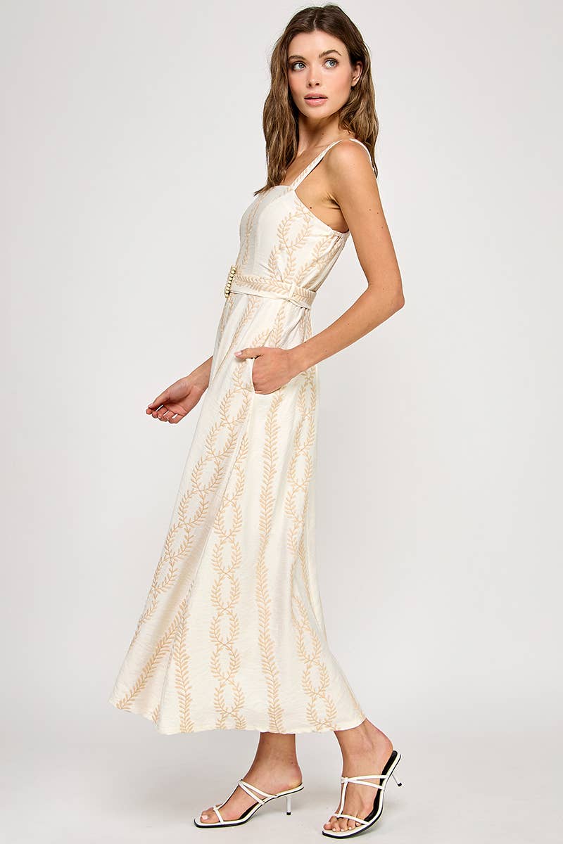 Embroidered Belted Maxi Dress