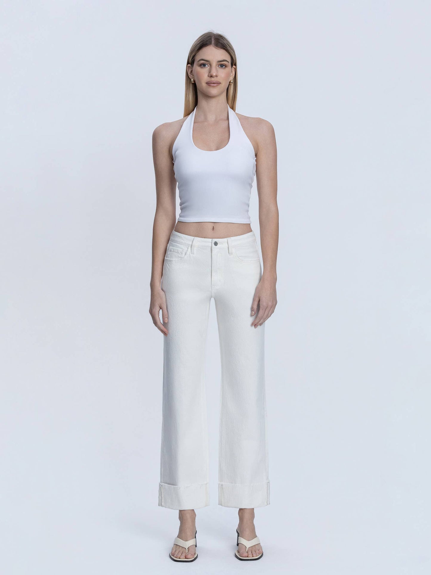 Cuffed Slim Wide Leg Jeans - Optic White