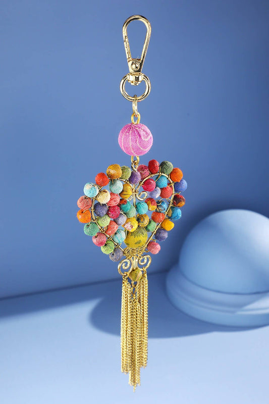 Handmade Beaded Heart Keychain - Upcycled Sari