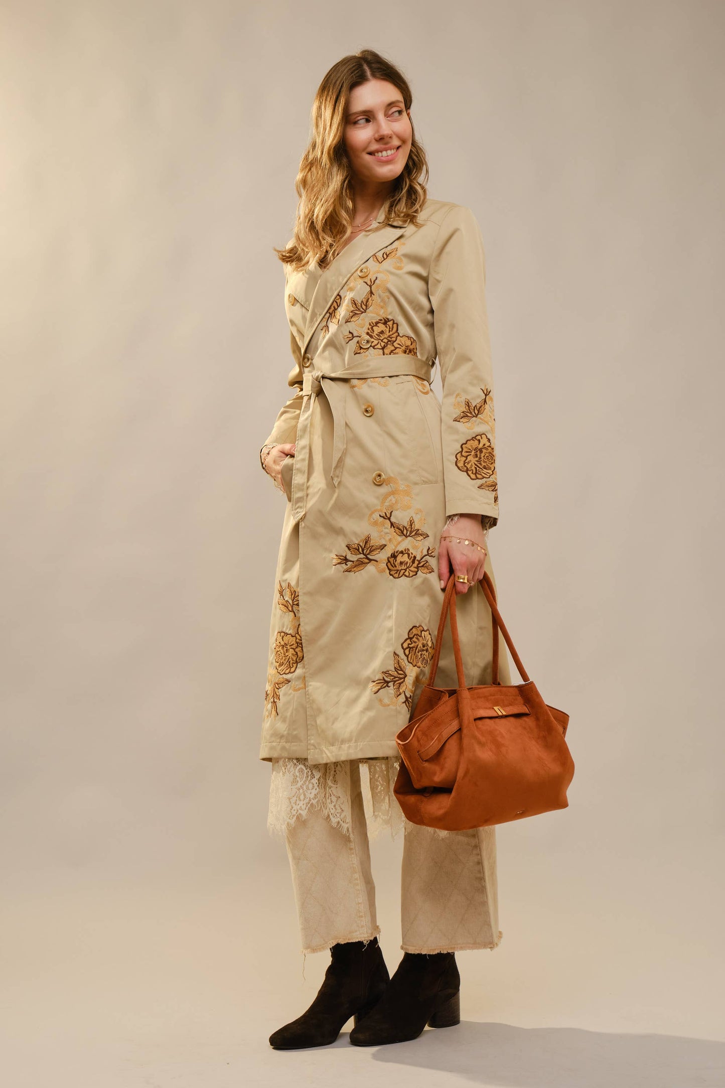 Floral Embroidered Double Breasted Belted Trench Coat