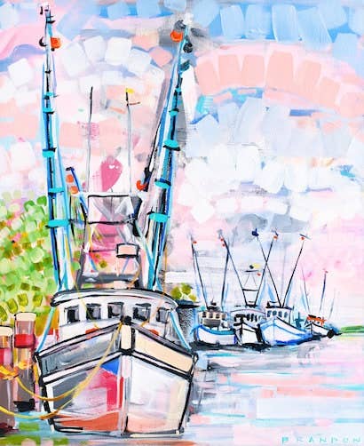 Shrimp Boats at Sunset Print with White Frame