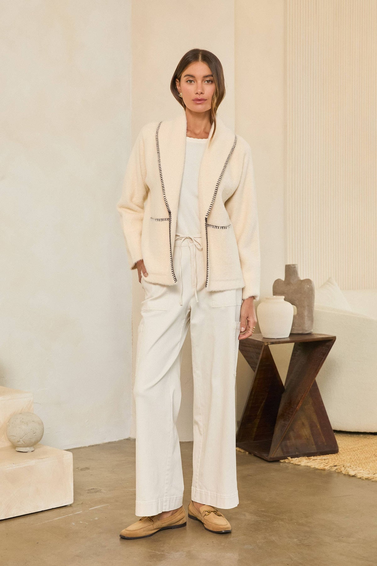 Blanket Stitch Open-Front Knit Cardigan Jacket