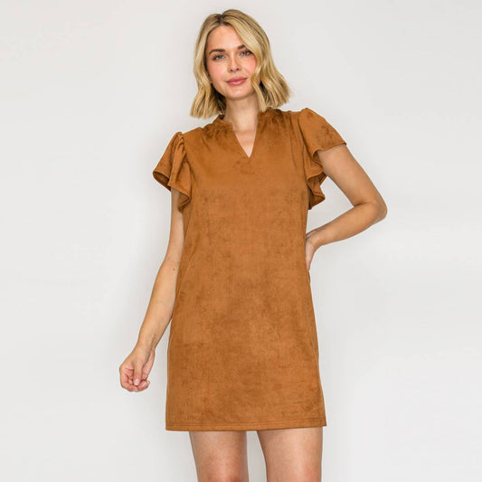 Suede Flutter Sleeve Shift Mini Dress
